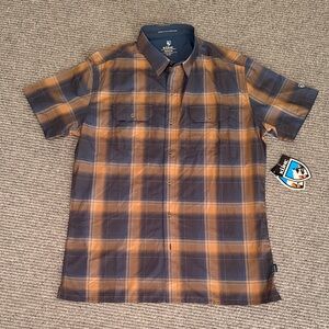 Kuhl Response Plaid Short Sleeve Shirt, NWT, Blue and Brown, Size M